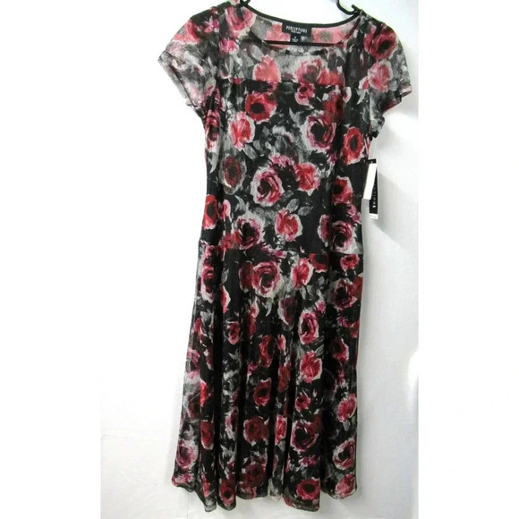 Perceptions New York Short Sleeve Red Black Floral Lace Midi Dress Size Med NWT - Picture 1 of 10